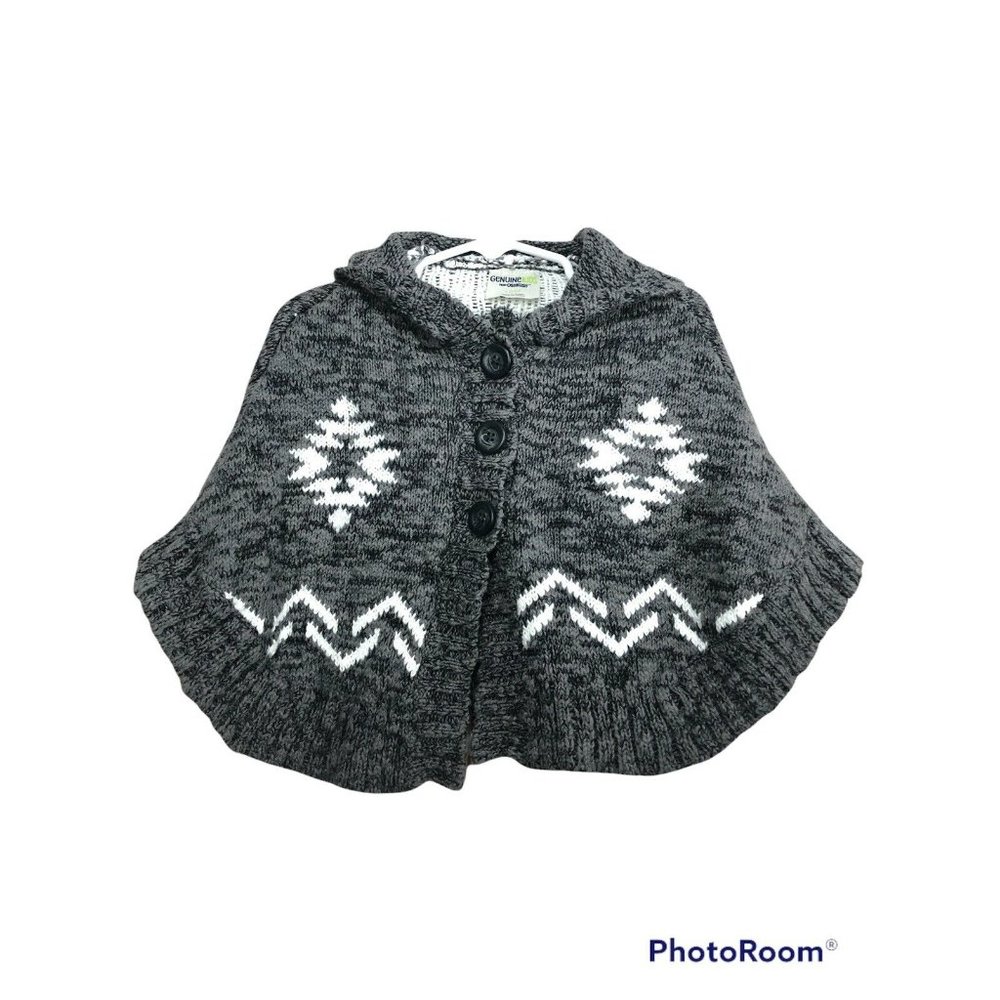 Genuine Kids Oshkosh Hooded Sweater Cape Poncho Sz 12m Gray White Aztec Design